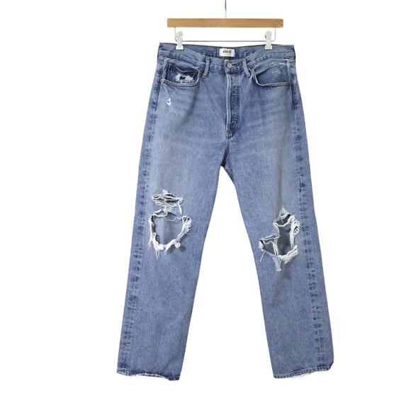 AGOLDE 90s Mid Rise Loose Fit Medium Wash Destroyed Button Fly Straight Jeans 30 - Picture 1 of 7